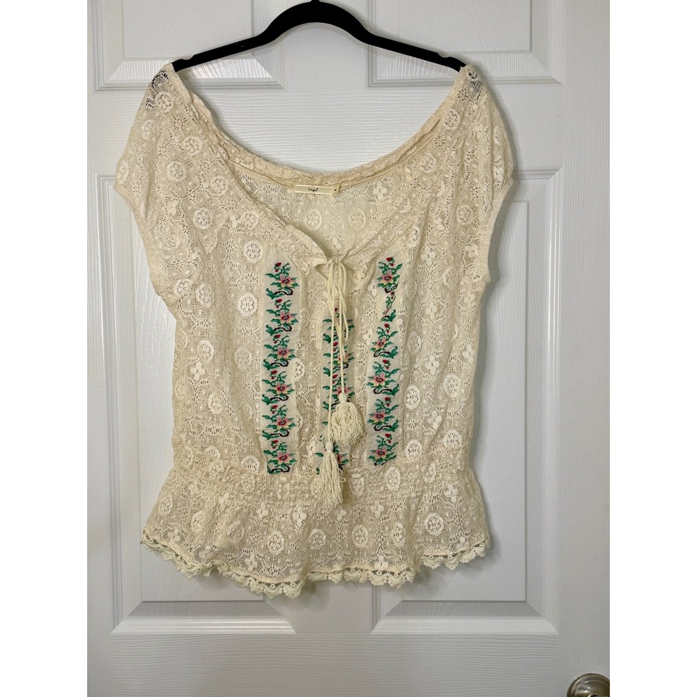 Hazel Embroidered Lace Blouse Womens Medium Cream Boho Cottagecore Tassel Top
